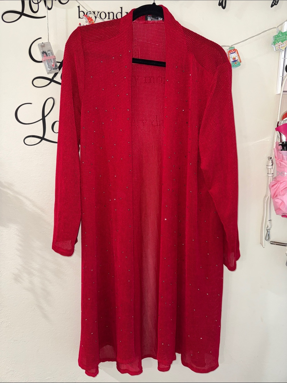 Investments Red Open-Front Knit Duster with Sparkle